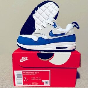 Nike Air Max 1 Easy on (TD), Size 7c, White Game Royal Neutral Grey